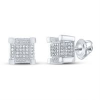 Sterling Silver Mens Round Diamond 3D Square Cluster Stud Earrings 1/2 Cttw
