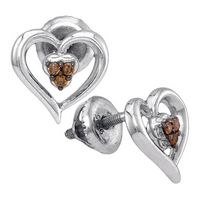 Sterling Silver Womens Round Brown Diamond Heart Earrings 1/12 Cttw