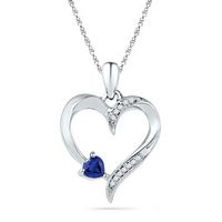 Sterling Silver Womens Lab-Created Blue Sapphire &amp; Diamond Heart Pendant 1/4 Cttw