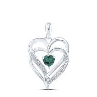 Sterling Silver Womens Round Lab-Created Emerald Heart Pendant 5/8 Cttw