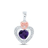 Sterling Silver 2-tone Lab-Created Amethyst &amp; Round Diamond Heart Pendant 3/4 Cttw