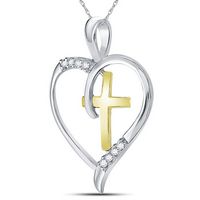 Sterling Silver Womens Round Diamond Heart &amp; Cross Two-tone Pendant 1/20 Cttw