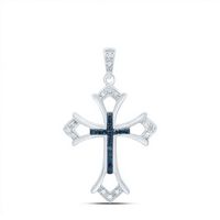 Sterling Silver Womens Round Blue Color Enhanced Diamond Cross Pendant 1/10 Cttw