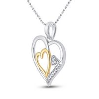 Two-tone Sterling Silver Womens Round Diamond Triple Nested Heart Pendant 1/20 Cttw