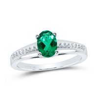 Sterling Silver Womens Oval Lab-Created Emerald Solitaire Diamond Ring 1/2 Cttw