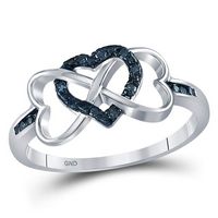Sterling Silver Womens Round Color Enhanced Blue Diamond Triple Heart Infinity Ring 1/10 Cttw