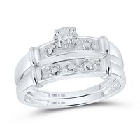 Sterling Silver His &amp; Hers Round Diamond Solitaire Matching Bridal Wedding Ring Band Set 1/12 Cttw