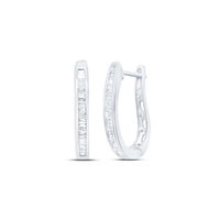 Sterling Silver Baguette Diamond Channel-set Womens Oblong Hoop Earrings 1/4 Cttw