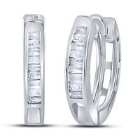 Sterling Silver Womens Baguette Diamond Huggie Earrings 1/8 Cttw