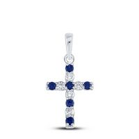 10kt White Gold Womens Round Lab-Created Blue Sapphire Cross Faith Pendant 1/3 Cttw