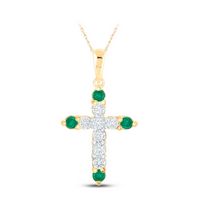 1/6CTW-DIA NK 1/20CT-EME NATURAL GEM CROSS PENDANT