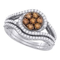 10kt White Gold Womens Round Brown Diamond Bridal Wedding Engagement Ring Band Set 1.00 Cttw