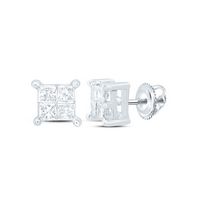 14kt White Gold Womens Princess Diamond Square Cluster Stud Earrings 1/4 Cttw