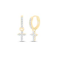 10kt Yellow Gold Womens Round Diamond Cross Dangle Hoop Earrings 1/10 Cttw