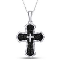 14kt White Gold Mens Round Black Color Enhanced Diamond Cross Charm Pendant 3/4 Cttw