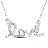 10kt White Gold Womens Round Diamond Cursive Love Pendant Necklace 1/8 Cttw