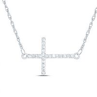 10kt White Gold Womens Round Diamond Sideways Horizontal Cross Religious Pendant Necklace 1/20 Cttw