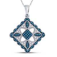 10kt White Gold Womens Round Blue Color Enhanced Diamond Square Pendant 1/4 Cttw