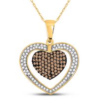 10kt Yellow Gold Womens Round Brown Diamond Double Heart Cluster Pendant 1.00 Cttw