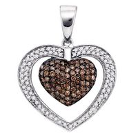 10kt White Gold Womens Round Brown Diamond Double Heart Cluster Pendant 1.00 Cttw