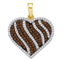 10kt Yellow Gold Womens Round Brown Diamond Heart Stripe Pendant 1-1/2 Cttw