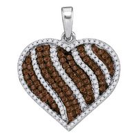 10kt White Gold Womens Round Brown Diamond Heart Stripe Pendant 1-1/2 Cttw