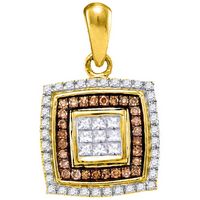 10kt Yellow Gold Womens Round Brown Diamond Square Pendant 1/3 Cttw