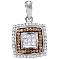 10kt White Gold Womens Round Brown Diamond Square Pendant 1/3 Cttw