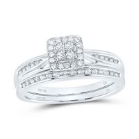 10kt White Gold Womens Diamond Square Cluster Bridal Wedding Engagement Ring Band Set 1/4 Cttw
