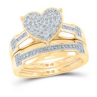10kt Yellow Gold His &amp; Hers Round Diamond Heart Cluster Matching  Wedding Ring Band Set 1/2 Cttw