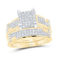 10kt Yellow Gold His &amp; Hers Round Diamond Square Cluster Matching Wedding Ring Band Set 1/2 Cttw