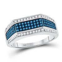 10kt White Gold Mens Round Blue Color Enhanced Diamond Triple Stripe Flat Surface Band 3/4 Cttw