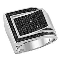 10kt White Gold Mens Round Black Color Enhanced Diamond Curved Rectangle Cluster Ring 1/2 Cttw