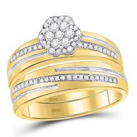 10kt Yellow Gold His Hers Round Diamond Cluster Matching Bridal Wedding Ring Band Set 3/8 Cttw