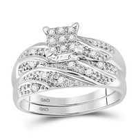 14kt White Gold His &amp; Hers Round Diamond Cluster Matching Bridal Wedding Ring Band Set 1/3 Cttw