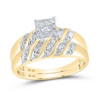 10kt Yellow Gold His &amp; Hers Round Diamond Cluster Matching Bridal Wedding Ring Band Set 1/8 Cttw