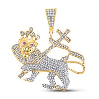 10kt Yellow Gold Mens Round Diamond Lion Cross Banner Charm Pendant 7/8 Cttw