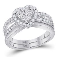 10K White Gold Diamond Heart Bridal Wedding Ring Set 0.75 Cttw