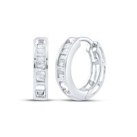 10K White Gold Baguette Diamond Huggie Hoop Earrings 0.17 Cttw