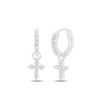 10K White Gold Round Diamond Cross Hoop Dangle Earrings 0.13 Cttw