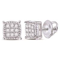 10K White Gold Round Diamond Square Milgrain Cluster Earrings 0.10 Cttw