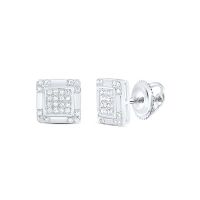 10K White Gold Round Diamond Square Cluster Stud Earrings 0.17 Cttw