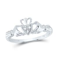 10K White Gold Round Diamond Claddagh Heart Ring 0.02 Cttw