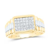 10K Yellow Gold Round Diamond Rectangle Cluster Ribbed Two-Tone Ring 0.50 Cttw