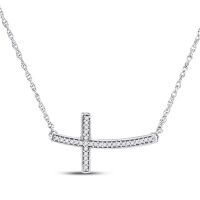 10K White Gold Round Diamond Horizontal Cross Pendant Necklace 0.10 Cttw