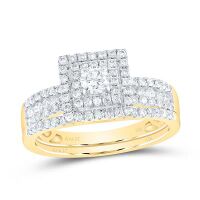 14K Yellow Gold Round Diamond Halo Bridal Wedding Ring Set 0.88 Cttw