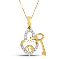 10K Yellow Gold Round Diamond Heart Lock Key Dangle Pendant 0.10 Cttw
