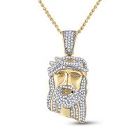 10K Yellow Gold Round Diamond Jesus Face Charm Pendant 0.38 Cttw