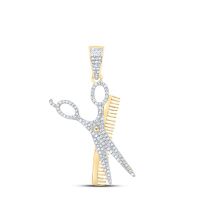 10K Yellow Gold Round Diamond Scissors Comb Barber Charm Pendant 0.75 Cttw