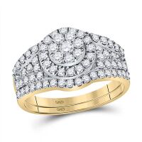 14K Yellow Gold Round Diamond Cluster Bridal Wedding Ring Set 1 Cttw